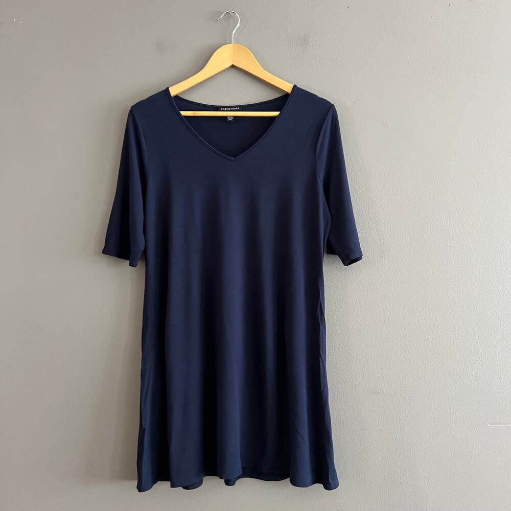 Eileen Fisher Navy Viscose Blend V-Neck Tunic Dress Women’s Medium Casual